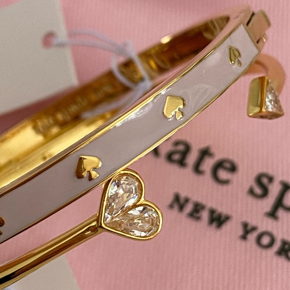 💗NWT💗Kate Spade Chalk Pink Enamel Hinged Bangle & CZ Heart Bracelet - Picture 2 of 10